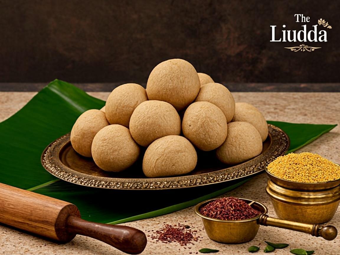 Homemade laddus on a brass plate with traditional kitchen tools